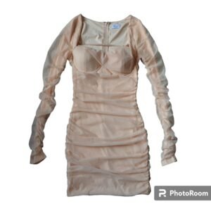 Long Sleeve Mini Dress in Beige Size S