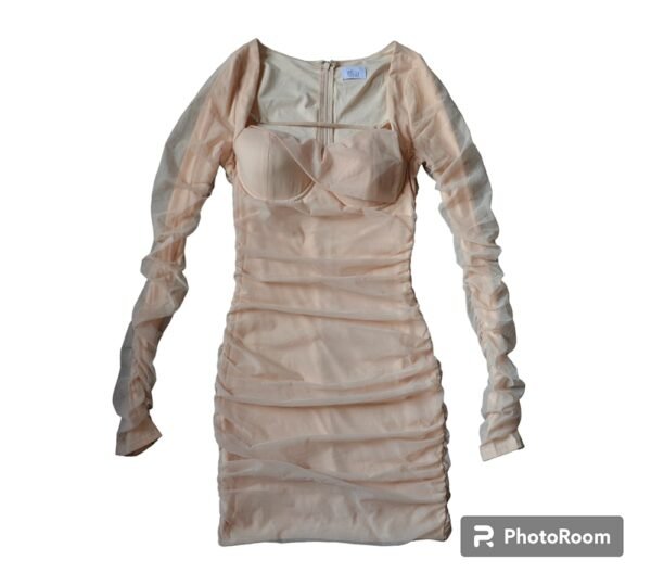 Long Sleeve Mini Dress in Beige Size S